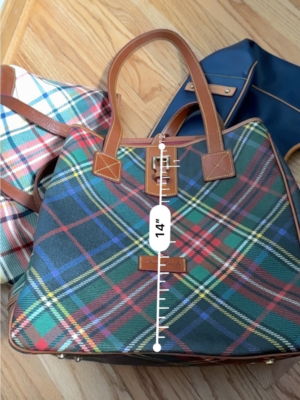 Dooney & Bourke Green Red Plaid Tote with Brown Trim - Picture 7 of 7